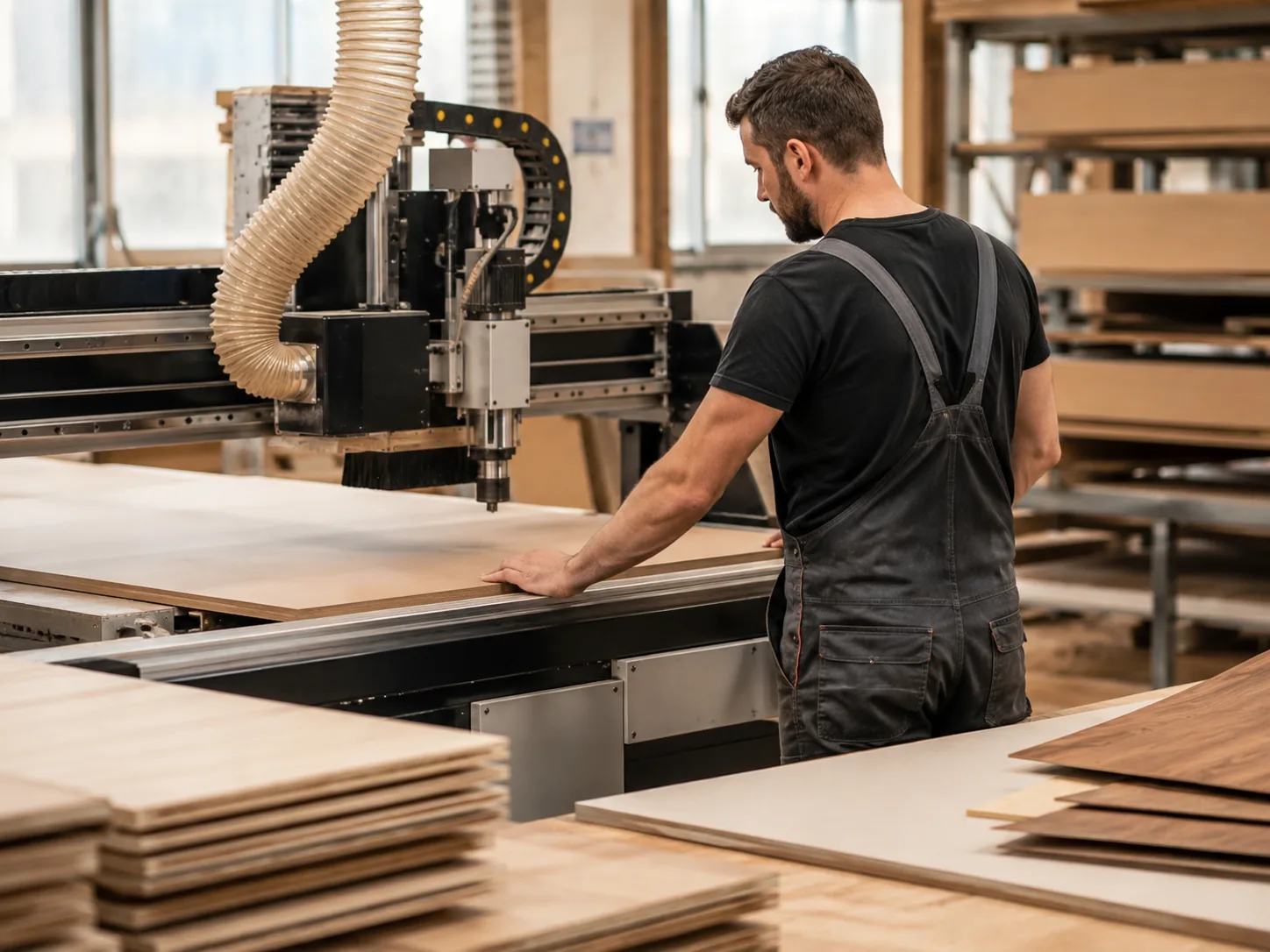 Craftsman operating a CNC woodworking machine in a furniture workshop